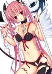 Rule 34 | 1girl, bad id, bad pixiv id, bra, chain, choker, fang, hair ornament, highres, horns, humuyun, long hair, original, panties, pink hair, red eyes, single thighhigh, smile, solo, thighhighs, third eye, twintails, underwear, underwear only, very long hair, wand, wings