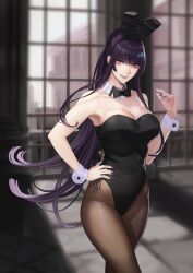 Rule 34 | 1girl, absurdres, animal ears, bare shoulders, black hair, black leotard, blurry, blurry background, breasts, bunny day, cleavage, commentary request, damegane, day, detached collar, fake animal ears, fingernails, hair ornament, hand on own hip, hand up, high ponytail, highleg, highleg leotard, highres, indoors, leotard, lidia (damegane), lips, long hair, looking at viewer, medium breasts, nail polish, orange eyes, original, pale skin, pantyhose, parted lips, playboy bunny, ponytail, rabbit ears, shadow, shiny clothes, sidelocks, simple background, smile, strapless, strapless leotard, window, wrist cuffs