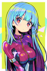 Rule 34 | 1girl, blue hair, blush, breasts, closed mouth, colorful, cropped jacket, head tilt, jacket, kula diamond, long hair, looking at viewer, medium breasts, onono imoko, purple jacket, red eyes, sidelocks, solo, the king of fighters, upper body, v arms, white background, yellow background, zipper