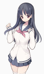 Rule 34 | 1girl, black hair, black sailor collar, black skirt, blush, breasts, brown eyes, cardigan, character request, closed mouth, grey background, hands up, highres, itsumi (itumiyuo), long hair, long sleeves, medium breasts, neckerchief, pleated skirt, red neckerchief, sailor collar, saki (manga), school uniform, senriyama school uniform, serafuku, shimizudani ryuuka, shirt, simple background, skirt, sleeves past wrists, smile, solo, thighhighs, very long hair, white cardigan, white shirt, white thighhighs