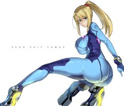 Rule 34 | 1girl, ass, ass focus, blonde hair, blue bodysuit, blue eyes, bodysuit, breasts, character name, closed mouth, directed-energy weapon, energy gun, energy weapon, from behind, gun, hair ornament, hair scrunchie, halcon, handgun, high heels, highres, huge ass, large breasts, legs, long hair, looking at viewer, looking back, metroid, nintendo, paralyzer, pistol, ponytail, samus aran, scrunchie, sidelocks, simple background, skin tight, solo, super smash bros., swept bangs, weapon, white background, wide hips, zero suit