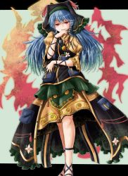 Rule 34 | 1girl, :d, absurdres, blue hair, commentary request, dress, green background, hand up, haniyasushin keiki, head scarf, highres, jewelry, juliet sleeves, leg ribbon, letterboxed, long hair, long sleeves, looking at viewer, magatama, magatama necklace, necklace, open mouth, oshiaki, outside border, pouch, puffy sleeves, red eyes, ribbon, smile, solo, standing, touhou, yellow dress