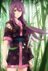 Rule 34 | 1girl, bad id, bad pixiv id, bamboo, bamboo forest, forest, hair ornament, hairclip, japanese clothes, katana, long hair, nature, original, p (zzaazz), purple hair, solo, sword, weapon, yellow eyes