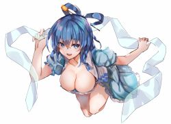 Rule 34 | 1girl, :d, amamitsu kousuke, bad id, bad twitter id, blue dress, blue eyes, blue hair, blush, breasts, cleavage, collarbone, commentary request, dress, hair between eyes, hair ornament, hair rings, hair stick, hands up, highres, kaku seiga, large breasts, leaning forward, looking at viewer, open mouth, petticoat, shawl, simple background, smile, solo, thighs, touhou, vest, white background, white vest, wing collar