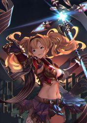 Rule 34 | 10s, 1girl, armor, belt, blonde hair, blue eyes, breasts, chromatic aberration, cleavage, crop top, granblue fantasy, hairband, long hair, midriff, navel, pointing, red armor, skirt, smile, solo, twintails, u jie, wind, wind lift, zeta (granblue fantasy)