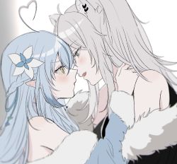 Rule 34 | 2girls, ahoge, animal ears, bare shoulders, blue hair, blush, braid, commentary, ear piercing, elf, eye contact, flower, from side, fur-trimmed jacket, fur trim, grey eyes, hair flower, hair ornament, heart, heart ahoge, highres, hololive, imminent kiss, jacket, lion ears, long hair, long sleeves, looking at another, multicolored hair, multiple girls, piercing, pointy ears, shishiro botan, silver hair, streaked hair, sui (camellia), symbol-only commentary, upper body, virtual youtuber, white flower, yellow eyes, yukihana lamy, yuri