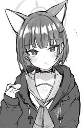 Rule 34 | 1girl, :t, animal ears, blue archive, blunt bangs, blush, choker, commentary request, eating, emirio (emirio110), food, food in mouth, food on face, greyscale, halo, highres, holding, holding food, jacket, kazusa (blue archive), long sleeves, looking at viewer, monochrome, neckerchief, sailor collar, school uniform, simple background, sketch, solo, upper body