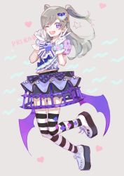 Rule 34 | 1girl, ;d, bow, full body, gloves, hair ornament, highres, hoop skirt, idol, jumping, light brown hair, long hair, looking at viewer, nishihara isao, one eye closed, open mouth, platform footwear, pretty series, pripara, purple eyes, skirt, smile, solo, striped clothes, striped thighhighs, thighhighs, two side up