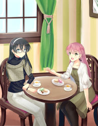 Rule 34 | 10s, 2girls, absurdres, akashi (kancolle), black hair, blue eyes, casual, cup, food, glasses, green eyes, hair ribbon, hairband, highres, kantai collection, long hair, macaron, multiple girls, ooyodo (kancolle), pantyhose, pink hair, ribbon, semi-rimless eyewear, sitting, smile, taira yuuki, tea, teacup, under-rim eyewear