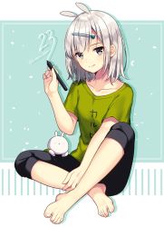 Rule 34 | 1girl, absurdres, animal ears, bad id, bad pixiv id, barefoot, black shorts, blush, closed mouth, clothes writing, collarbone, commentary request, feet, full body, green shirt, grey eyes, hair between eyes, hair ornament, hairclip, highres, holding, holding stylus, ichiren namiro, original, rabbit ears, shirt, short sleeves, shorts, signature, silver hair, sitting, smile, solo, stylus, toenails, translation request