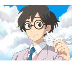 Rule 34 | 1boy, anime coloring, black-framed eyewear, black eyes, black hair, blue necktie, close-up, closed mouth, cloud, collared shirt, commentary request, glasses, hand up, holding, holding paper airplane, horikoshi jirou, jacket, kaze tachinu, lapels, letterboxed, light smile, looking at viewer, lowres, male focus, necktie, paper airplane, pink jacket, portrait, round eyewear, shirt, short hair, solo, tottooo410 (romeo1207), white shirt
