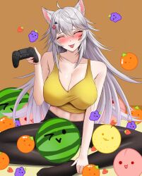 Rule 34 | 1girl, absurdres, ahoge, animal ear fluff, animal ears, blush, breasts, cleavage, closed eyes, closed mouth, controller, d-pad, d-pad hair ornament, food, fruit, fruit request, game controller, grapes, grey hair, hair ornament, highres, holding, holding controller, holding game controller, kagaya illust, large breasts, long hair, looking at viewer, nail polish, orange (fruit), red nails, shirt, smile, strawberry, suika game, tongue, tongue out, virtual youtuber, vshojo, watermelon, wolf ears, yellow shirt, zentreya, zentreya (mmo zen)