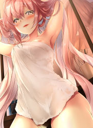 Rule 34 | 10s, 1girl, :d, armpits, arms up, blush, breasts, brown eyes, collarbone, colored eyelashes, cosmetics, cowboy shot, cup, dies irae, hair between eyes, hands in hair, hatori mia, highres, indoors, long hair, looking at viewer, mirror, mole, mole under mouth, naked towel, nipple slip, nipples, open mouth, pink hair, reflection, rusalka schwagerin, shinza bansho series, small breasts, smile, solo, toothbrush, towel, very long hair