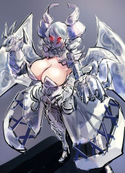 Rule 34 | 1girl, breasts, claws, dress, duel monster, glowing, glowing eyes, grey hair, hatano kiyoshi, highres, horns, large breasts, lovely labrynth of the silver castle, mask, tagme, wings, yu-gi-oh!
