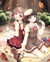 Rule 34 | 2girls, :d, :o, animal, apple, autumn, autumn leaves, basket, beret, black footwear, black hair, blush, boots, brown footwear, brown hair, brown skirt, brown vest, candy wrapper, cat, collared shirt, commentary request, food, frilled shirt collar, frilled sleeves, frills, fruit, ginkgo leaf, grapes, green apple, green eyes, hair between eyes, hat, high heel boots, high heels, highres, holding, holding leaf, kohinata hoshimi, layered sleeves, leaf, long hair, long sleeves, looking at viewer, looking back, multiple girls, open mouth, original, parted lips, pleated skirt, puffy short sleeves, puffy sleeves, red apple, red eyes, red skirt, red vest, shirt, shoes, short over long sleeves, short sleeves, side ponytail, sitting, skirt, smile, thighhighs, tilted headwear, tree, very long hair, vest, wariza, white cat, white headwear, white legwear, white shirt