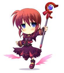 Rule 34 | blue eyes, blush, boots, bow, brown hair, chibi, fingerless gloves, gloves, luciferion, lyrical nanoha, mahou shoujo lyrical nanoha, mahou shoujo lyrical nanoha a&#039;s, mahou shoujo lyrical nanoha a&#039;s portable: the battle of aces, stern the destructor, solo, tsukishima makoto