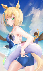 Rule 34 | ^ ^, absurdres, animal ears, bitter glasse (umamusume), black hair, blonde hair, blue one-piece swimsuit, blue sky, blurry, bob cut, breasts, brown hair, closed eyes, cloud, cloudy sky, competition school swimsuit, dark-skinned female, dark skin, day, depth of field, eyelashes, from side, goggles, green eyes, highres, holding, holding swim ring, horse ears, innertube, kashimoto riko, lens flare, little cocon (umamusume), long hair, lying, mountainous horizon, multicolored hair, ocean, on stomach, one-piece swimsuit, outdoors, sabatakeru (days 18), school swimsuit, short hair with long locks, shorts, skindentation, sky, small breasts, solo focus, streaked hair, sunlight, swim ring, swimming, swimsuit, thighs, tsurime, umamusume, unworn goggles, unworn swim cap, wading, wet, wet clothes, wet swimsuit