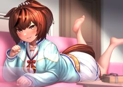 Rule 34 | 1girl, animal ears, barefoot, blush, bow, box, breasts, clenched hands, commentary request, couch, ear ornament, ears down, feet, horse ears, horse girl, hoshikuzu kizuna (kizuna stardust), light blue jacket, looking at viewer, lying, medium breasts, nice nature (run&amp;win) (umamusume), nice nature (umamusume), official alternate costume, official alternate hairstyle, on couch, on stomach, ponytail, red bow, red hair, sailor collar, shirt, skirt, smile, soles, solo, table, the pose, umamusume, white shirt, white skirt, yellow eyes