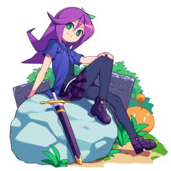 Rule 34 | abigail (stardew valley), bad id, bad twitter id, bow, bright pupils, choker, cross-laced footwear, grass, green eyes, hand on own knee, hood, hooded jacket, jacket, leggings, long hair, metata, miniskirt, open clothes, open jacket, pantyhose, purple hair, short sleeves, sitting, sitting on object, skirt, solo, stardew valley, sword, weapon, white pupils