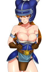 Rule 34 | 1girl, areola slip, armlet, armor, bare legs, bare shoulders, belt, blush, breasts, breasts out, brown gloves, cowboy shot, daisy (dq), dragon quest, dragon quest yuusha abel densetsu, fake horns, flashing, gloves, helmet, highres, horned helmet, horns, large breasts, legs, long hair, looking at viewer, matching hair/eyes, nipple slip, nipples, open clothes, orange eyes, orange hair, pelvic curtain, puffy nipples, sakuradou, shiny skin, simple background, smile, solo, standing, thighs, thong, visor, warrior, white background