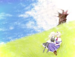 Rule 34 | 2girls, akumasatan, alice margatroid, apron, black dress, blonde hair, blue dress, blue sky, boots, bow, braid, capelet, cherry blossoms, cloud, day, dress, grass, grassy, hair bow, hairband, hand on lap, hill, kirisame marisa, laughing, long sleeves, looking at another, multiple girls, on grass, outdoors, petals, short hair, single braid, sitting, sky, smile, touhou, tree, wind