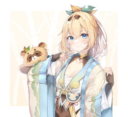 Rule 34 | 1girl, bamboo, black gloves, blonde hair, blue eyes, blush, closed mouth, collarbone, commentary request, covered navel, fingerless gloves, gloves, hair between eyes, hair ornament, hands up, highres, hololive, japanese clothes, kazama iroha, kimono, leaf hair ornament, long hair, looking at viewer, open clothes, pokobee, sarashi, smile, sob (submar1089), upper body, virtual youtuber, white kimono