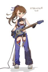 Rule 34 | 1girl, beatrix (granblue fantasy), black gloves, blue pants, brown hair, clothing cutout, commentary request, electric guitar, full body, gloves, granblue fantasy, green eyes, guitar, highres, holding, holding guitar, holding instrument, instrument, motoaki, pants, playing guitar, ponytail, simple background, solo, thigh cutout, white background