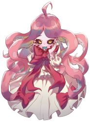 Rule 34 | 1girl, ahoge, black sclera, blood, blood on face, borrowed character, bow, colored sclera, dress, female focus, hands on face, highres, monster girl, open mouth, original, sb lama, sharp teeth, simple background, solo, teeth, tentacle hair, white background, yellow eyes