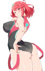 Rule 34 | 1girl, ass, black one-piece swimsuit, blush, breasts, closed mouth, commentary request, competition swimsuit, earrings, jewelry, large breasts, looking at viewer, nintendo, one-piece swimsuit, pyra (pro swimmer) (xenoblade), pyra (xenoblade), red eyes, red hair, red one-piece swimsuit, shinori, short hair, sideboob, simple background, smile, solo, standing, swimsuit, white background, xenoblade chronicles (series), xenoblade chronicles 2