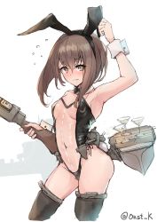 Rule 34 | 1girl, animal ears, black bow, black bowtie, black thighhighs, bob cut, bow, bow (weapon), bowtie, breasts, brown eyes, brown hair, commentary request, contrapposto, crossbow, cup, detached collar, drinking glass, fake animal ears, highres, inverted bob, k jie, kantai collection, leotard, machinery, meme attire, playboy bunny, rabbit ears, see-through, see-through leotard, short hair with long locks, side-tie leotard, simple background, small breasts, solo, standing, strapless, strapless leotard, taihou (kancolle), thighhighs, translucent bunnysuit, twitter username, wavy mouth, weapon, white background, wine glass, wrist cuffs