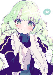Rule 34 | 1girl, absurdres, aikatsu! (series), aikatsu planet!, black dress, black gloves, braid, close-up, colored eyelashes, commentary, dress, geshumaro, gloves, green eyes, green hair, heart, highres, juliet sleeves, limited palette, long hair, long sleeves, puffy sleeves, q-pit, shiny skin, signature, simple background, smile, solo, speech bubble, spoken heart, symbol-only commentary, tsukishiro ayumi, twin braids, upper body, very long hair, white background