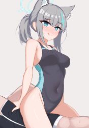 Rule 34 | 1boy, 1girl, :q, animal ear fluff, animal ears, black one-piece swimsuit, blue archive, blush, breasts, bright pupils, competition swimsuit, covered navel, girl on top, grey background, grey hair, hetero, highres, io9, medium breasts, mismatched pupils, official alternate costume, one-piece swimsuit, shiroko (blue archive), shiroko (swimsuit) (blue archive), short hair, simple background, solo focus, swimsuit, tongue, tongue out, twintails, white pupils, wolf ears, wolf girl