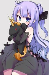 Rule 34 | 1girl, ahoge, alternate color, alternate eye color, azur lane, black dress, blue eyes, bow, clothing cutout, covering own mouth, cowboy shot, crossover, dress, dress bow, gundam, gundam unicorn, hair ornament, highres, horns, long hair, looking at viewer, name connection, purple hair, side cutout, side ponytail, simple background, single horn, sleeveless, solo, stuffed animal, stuffed toy, stuffed winged unicorn, tatuyayosi, unicorn (azur lane), very long hair
