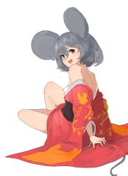 Rule 34 | 1girl, alternate costume, animal ears, commentary, full body, grey hair, hair between eyes, highres, japanese clothes, kimono, long sleeves, looking at viewer, mouse ears, mouse girl, mouse tail, nazrin, open mouth, red eyes, red kimono, short hair, simple background, sitting, solo, tail, teeth, touhou, upper teeth only, white background, wide sleeves, yatsu (yaxtu1029)