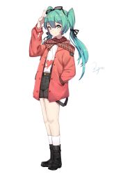 Rule 34 | 1girl, alternate costume, ankle boots, aqua eyes, aqua hair, arm up, black-framed eyewear, black footwear, black ribbon, black shorts, blush, boots, casual, closed mouth, coat, eyewear on head, full body, hair ribbon, hatsune miku, heart, heart print, highres, kneehighs, legs together, long hair, long sleeves, looking at viewer, open clothes, open coat, plaid, plaid scarf, red coat, red scarf, ribbon, scarf, shirt, shorts, simple background, smile, socks, solo, standing, tareme, twintails, vocaloid, white background, white socks, white shirt, zhayin-san