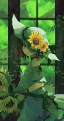 Rule 34 | 1girl, bare shoulders, bracelet, brown hair, commentary, cowboy shot, dress, flower, from side, green background, green theme, hat, hat flower, hat ribbon, highres, jewelry, looking at viewer, looking to the side, medium hair, off-shoulder dress, off shoulder, one eye covered, original, parted lips, plant, red eyes, ribbon, short sleeves, signature, solo, sorano eika, standing, sun hat, sunflower, white dress, white hat, window, yellow flower