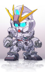 Rule 34 | blue eyes, character name, chibi, clenched hands, glowing, glowing eyes, gradient background, gundam, gundam narrative, highres, looking to the side, mecha, narrative gundam, no humans, reflection, robot, science fiction, solo, standing, susagane, v-fin