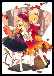 Rule 34 | 2girls, :d, absurdres, acorn, aibivy, aki minoriko, aki shizuha, apple, apron, apron basket, apron hold, autumn, autumn leaves, barefoot, basket, black border, black footwear, black skirt, blonde hair, blouse, bob cut, border, branch, bright pupils, clenched hand, closed mouth, clothing cutout, collared shirt, dirt, dot nose, food, food-themed hair ornament, frilled apron, frilled shirt collar, frills, from behind, from side, fruit, fruit basket, full body, gradient skirt, grape hair ornament, grapes, hair between eyes, hair ornament, hat, hat ornament, heel up, highres, leaf, legs apart, long sleeves, looking at viewer, looking to the side, maple leaf, mary janes, medium skirt, mob cap, multiple girls, mushroom, open hand, open mouth, orange apron, outside border, outstretched arm, outstretched arms, outstretched hand, pantyhose, pleated skirt, profile, pumpkin, red headwear, red shirt, red skirt, round teeth, rounded corners, shirt, shoe soles, shoes, short hair, siblings, sideways glance, sisters, skirt, skirt set, smile, standing, sweet potato, teeth, toes, touhou, tree, upper teeth only, vegetable, wheat, white background, white legwear, white pupils, yellow eyes, yellow shirt