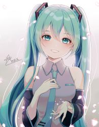 Rule 34 | 1girl, 39, amick (americanomix), aqua eyes, aqua hair, aqua necktie, bare shoulders, blush, detached sleeves, facing viewer, hand on own chest, hands up, hatsune miku, long hair, looking at viewer, nail polish, necktie, parted lips, solo, teeth, twintails, upper body, vocaloid