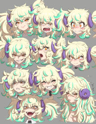 Rule 34 | 1girl, ^ ^, angry, black necktie, blonde hair, blush, closed eyes, detached collar, embarrassed, expressionless, expressions, fangs, frown, fujii eishun, green hair, grey background, head tilt, highres, horns, multicolored hair, multiple views, necktie, open mouth, original, scared, shaded face, shousei (fujii eishun), simple background, smile, smug, streaked hair, sweatdrop, twintails, v-shaped eyebrows