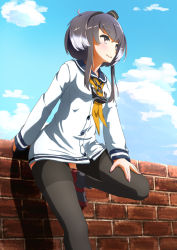 Rule 34 | 10s, 1girl, against wall, alternate legwear, bad id, bad pixiv id, black hair, black thighhighs, blue sky, breasts, cloud, day, dress, hat, highres, kantai collection, multicolored hair, outdoors, re:re:re:, sailor dress, shadow, sky, small breasts, smile, solo, standing, standing on one leg, thighhighs, tokitsukaze (kancolle), two-tone hair, white hair