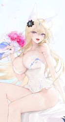 Rule 34 | 1girl, absurdres, animal ear fluff, animal ears, blonde hair, blue eyes, blush, bouquet, breasts, character request, cleavage, copyright request, dress, flower, fox ears, fox girl, hair ornament, highres, large breasts, long hair, looking at viewer, nail polish, open mouth, oyabuli, see-through, short dress, simple background, smile, solo, thighhighs, white background, white dress, white thighhighs