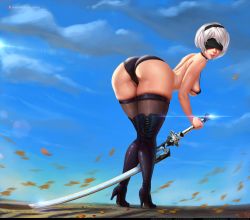 Rule 34 | 1girl, aleska, aleskaart, ass, back, bell, bent over, bikini, black bikini, black blindfold, black hairband, blindfold, blue sky, boots, breasts, cameltoe, choker, collaboration, colorized, commentary, covered erect nipples, covered eyes, day, english commentary, artistic error, from behind, full body, hairband, high heel boots, high heels, highres, holding, holding sword, holding weapon, jingle bell, large breasts, leaf, lips, lm (legoman), looking at viewer, looking back, neck bell, nier (series), nier:automata, no mole, nose, partially visible vulva, reverse grip, see-through, see-through legwear, sideboob, silver hair, skindentation, sky, solo, strap gap, swimsuit, sword, thick thighs, thigh boots, thighhighs, thighhighs under boots, thighs, virtuous treaty, weapon, wide hips, wind, 2b (nier:automata)