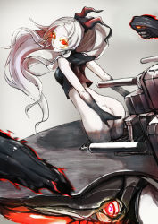Rule 34 | 10s, 1girl, abyssal ship, armored aircraft carrier oni, ass, bare shoulders, black skin, colored skin, crop top, hair ribbon, kantai collection, kuronuko neero, long hair, looking back, multicolored skin, ponytail, red eyes, ribbon, school uniform, serafuku, smile, solo, turret, two-tone skin, very long hair, white hair, white skin