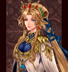 Rule 34 | 1girl, absurdly long hair, blonde hair, blue eyes, breasts, crown, dress, fire emblem, fire emblem: mystery of the emblem, gold trim, highres, long hair, looking at viewer, medium breasts, nintendo, nyna (fire emblem), profile, schereas, solo, very long hair, watermark, white dress
