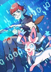 Rule 34 | 1girl, absurdres, backpack, bag, blue background, blue hair, boots, brown bag, commentary request, creatures (company), game freak, gen 6 pokemon, glasses, grey pantyhose, highres, hood, hoodie, long sleeves, looking to the side, multicolored hair, nintendo, open mouth, pantyhose, penny (pokemon), pokemon, pokemon (creature), pokemon sv, pon yui, print pantyhose, red hair, round eyewear, short hair, sitting, smile, sylveon, two-tone hair