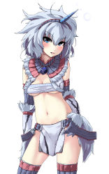 Rule 34 | 1girl, blush, breasts, capcom, cleavage, elbow gloves, gloves, grey hair, grune, hairband, highres, horns, kirin (armor), large breasts, loincloth, long hair, midriff, monster hunter (series), navel, simple background, single horn, solo, thighhighs, underboob