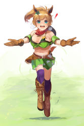 Rule 34 | !, 1girl, :d, absurdres, animal ears, armband, bare shoulders, belt, bikini, bikini top only, bikini under clothes, blue eyes, blush, boots, bouncing breasts, breasts, brown belt, brown footwear, brown gloves, brown hair, cleavage, commentary request, cowboy boots, cowboy hat, crop top, elbow gloves, floating hair, full body, gloves, grass, green armband, green bikini, green shirt, green skirt, hair ornament, hat, hat on back, heavy breathing, highres, holstered, horse ears, horse girl, horse tail, incoming hug, knee boots, kurokami kinniku matsuri, large breasts, long hair, looking at viewer, midriff, navel, off-shoulder shirt, off shoulder, open mouth, outstretched arms, ponytail, purple thighhighs, red scarf, scarf, shadow, sheriff badge, shirt, sidelocks, simple background, skindentation, skirt, smile, solo, star (symbol), star hair ornament, star print, swimsuit, taiki shuttle (umamusume), tail, teeth, thighhighs, umamusume, upper teeth only, walking, white background, zettai ryouiki