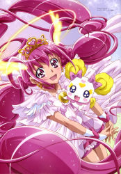 Rule 34 | 10s, 1girl, :d, absurdres, bow, brooch, candy (smile precure!), crown, cure happy, cure happy (princess form), dress, earrings, hair ornament, highres, hoshizora miyuki, jewelry, kawamura toshie, long hair, looking at viewer, magical girl, mascot, official art, open mouth, pink bow, pink eyes, pink hair, pink shorts, pink skirt, pink theme, precure, princess form (smile precure!), shorts, skirt, smile, smile precure!, twintails, ultra cure happy, very long hair, white dress