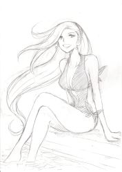 Rule 34 | 1girl, absurdres, breasts, cleavage, collarbone, earrings, floating hair, greyscale, gundam, gundam g no reconguista, hairband, highres, jewelry, long hair, looking to the side, mick jack, monochrome, one-piece swimsuit, oota tamon, pool, sitting, sketch, solo, star (symbol), star earrings, swimsuit, very long hair, water